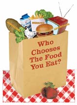Paper shopping bag filled with food with the type: Who Chooses The Food You Eat? printed on the side