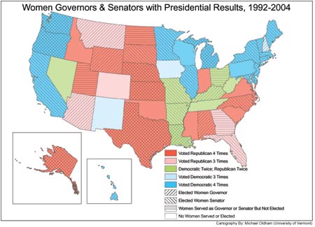 Map of Women Governors & Senators with Presidential Results