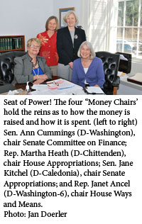 Sen. Ann Cummings (D-Washington), chair Senate
Committee on Finance; Rep. Martha Heath (D-Chittenden), chair House Appropriations;Sen. Jane Kitchel (D-Caledonia), chair Senate Appropriations; and Rep. Janet Ancel (D-Washington-6), chair House Ways and Means